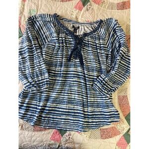 Chaps Womens Blue White Striped Peasant Blouse Lace Up Tassel Crochet Trim L